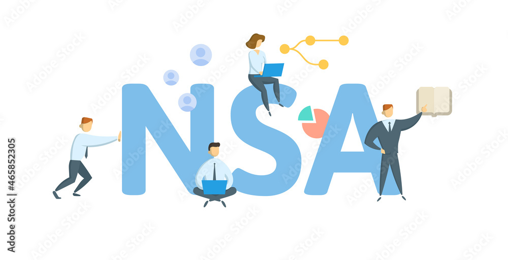 NSA, National Society of Accountants. Concept with keyword, people and icons. Flat vector illustration. Isolated on white. NSA, National Society of Accountants. Concept with keyword, people and icons. Flat vector illustration. Isolated on white.