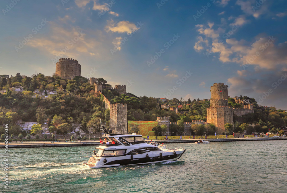 Istanbul, Turkey - October 28, 2021 : European side , in front of the rumeli fortress People go on a Bosphorus tour