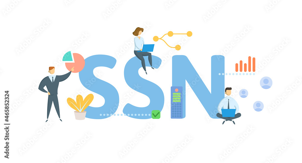 SSN, Social Security Number. Concept with keyword, people and icons. Flat vector illustration. Isolated on white. SSN, Social Security Number. Concept with keyword, people and icons. Flat vector illustration. Isolated on white.