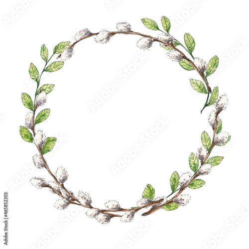 Spring willow and green branches circle frame. Hand drawn watercolor rowan tree branches wreath. Vintage floral, herbal element for spring, Easter wedding, birthday, greeting design.
