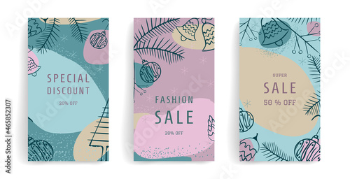 Stylish set of creative cards. Template with place for text. Suitable for scrapbooking cover, greetings, invitations, stickers, stories, advertisements, planners. Vector illustration.