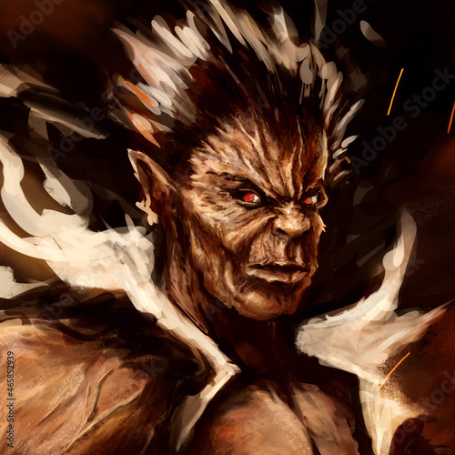 Fotografie A demonic warrior with a bare torso and gray hair and a burning hand