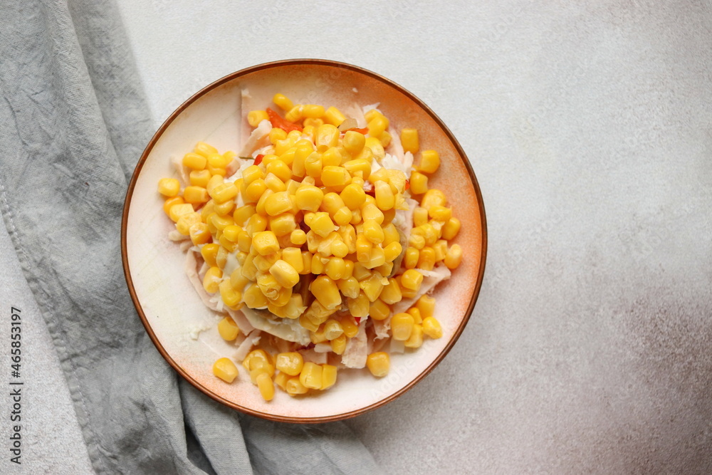 step-by-step preparation and ingredients for festive salad of smoked corn ham and potato chips close-up selective focus. step-by-step preparation and ingredients for festive salad of smoked corn ham and potato chips close-up selective focus.