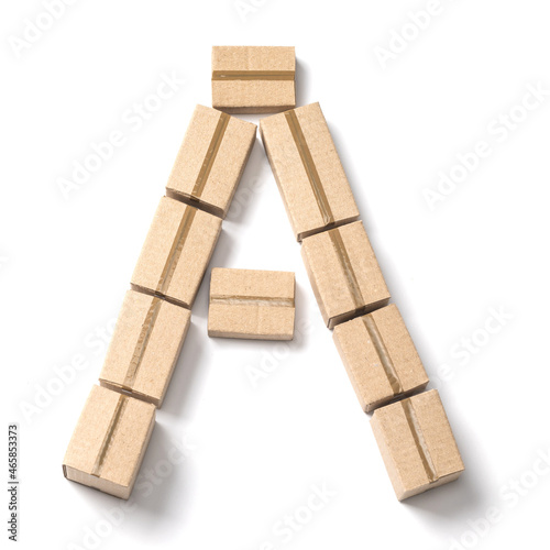 Letter A. Alphabet from cardboard boxes for delivery isolated on white background