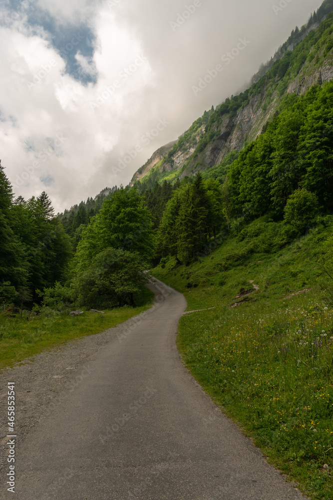 Appenzell, Switzerland, June 13, 2021 Hiking trail in an alpine scenery Appenzell, Switzerland, June 13, 2021 Hiking trail in an alpine scenery