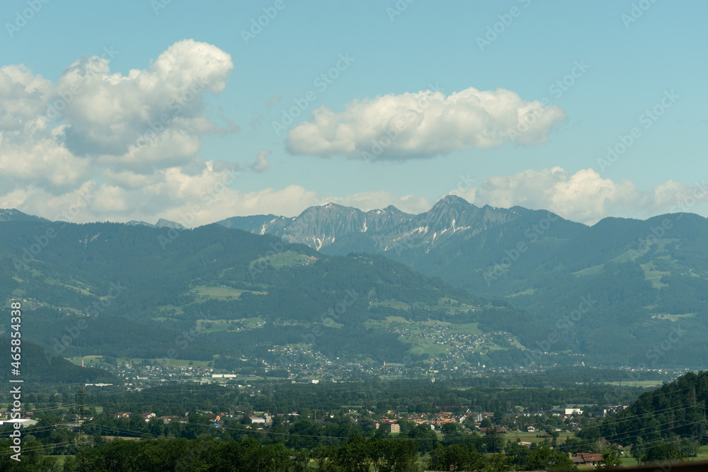 Oberriet, Switzerland, June 13, 2021 Mountain panorama on a lovely day