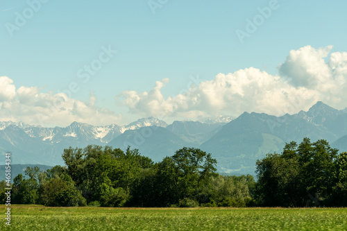 Oberriet, Switzerland, June 13, 2021 Green meadow in an alpine scenery on a sunny day
