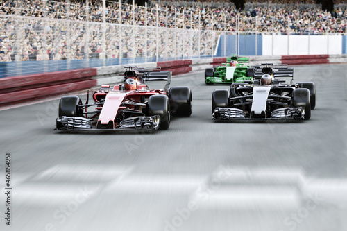 Motor sports competitive team racing.Crowd cheering with fast moving generic race car's racing down the track towards the finish line with motion blur. 3d rendering . 