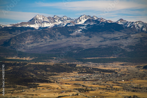 Town view of Cortez Colorado, snow mountain landscape photo