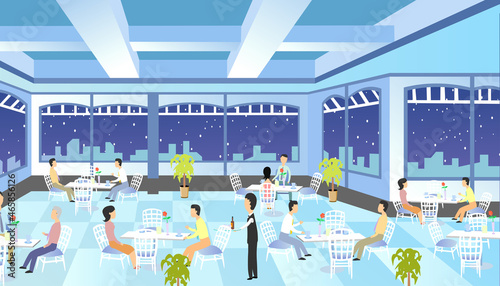 People gathering in a cafe on a snowy winter night
