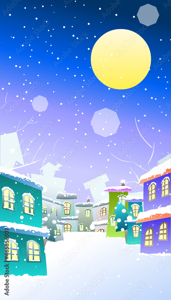 Winter night scenery with snow falling in a charming village with a full moon
