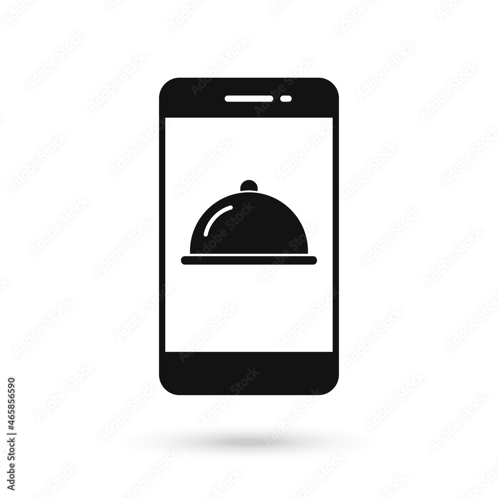 Mobile phone flat design icon with Food serving tray symbol Mobile phone flat design icon with Food serving tray symbol
