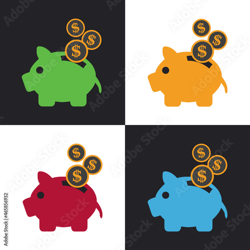 Saving piggy bank with dolar ,multicolor coin icon design vector