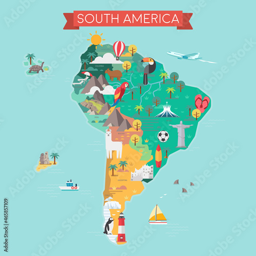South America tourist map with country names.