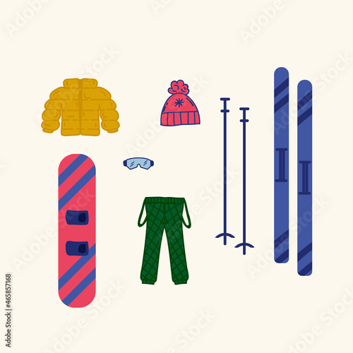 Clothing and accessories for skiing. A set of clothes, equipment for the cold season. Colorful illustrations of equipment for skiing and snowboarding. Vector illustration
