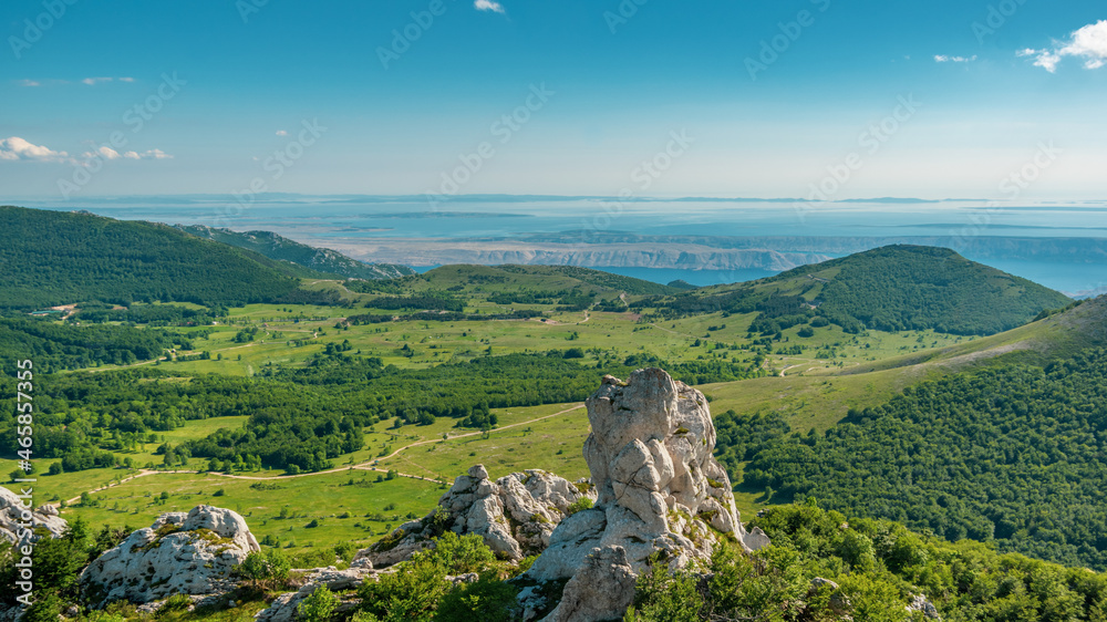 Panorama of Baske Ostarije village, Dabarski kuk, Velebit Nature Park, Croatia.