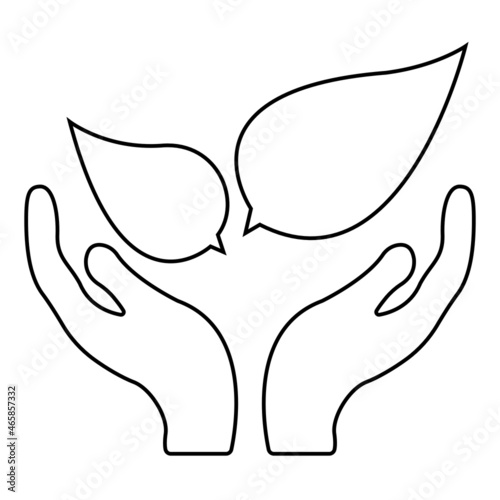 Two Hands holding Leaves Leaf Vector. Black and white. White background. Line drawing.