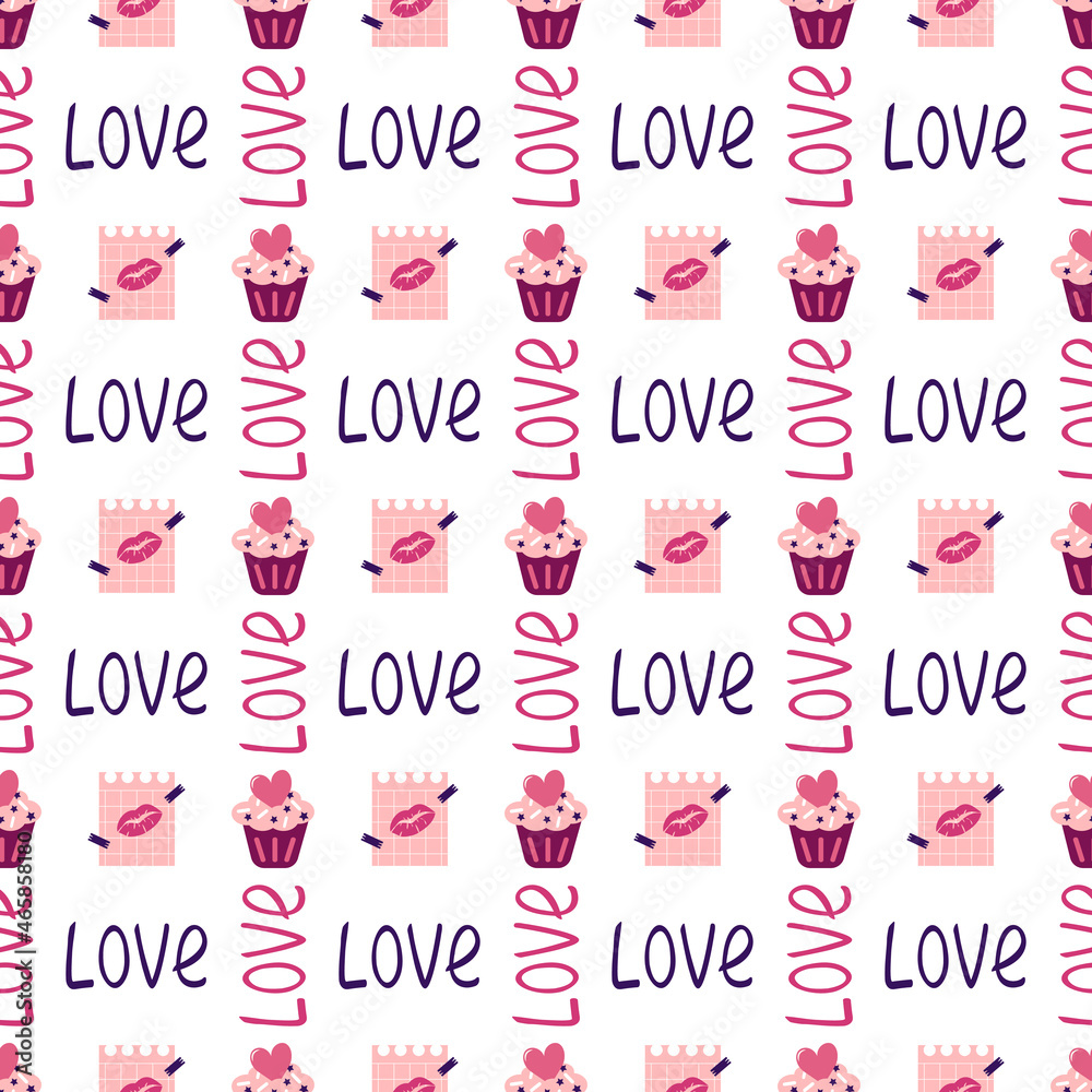 Valentine day seamless pattern with cake, hearts, word love and note with lips. Vector flat print illustration with festive decoration for wrapping paper, wedding and holiday Valentine day seamless pattern with cake, hearts, word love and note with lips. Vector flat print illustration with festive decoration for wrapping paper, wedding and holiday