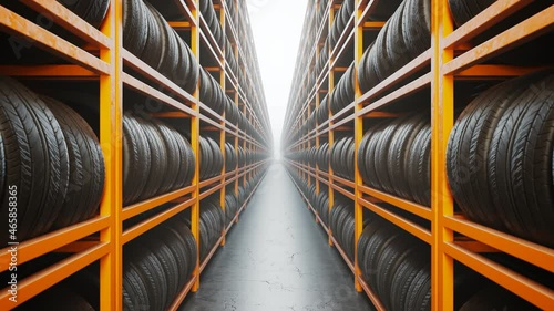 Endless shelves with car wheels. Stacks of black rubber tires. New car tyres. photo