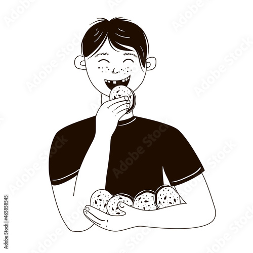 The boy holds and eats cookies. Drawing in black and white. Stock vector illustration isolated on a white background.