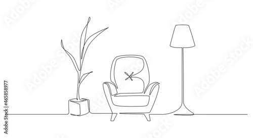 Continuous one line drawing of armchair and lamp and potted plant. Scandinavian stylish furniture in simple Linear style. Doodle vector illustration