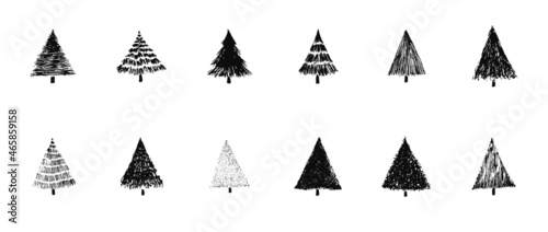 Set of vector sketch textured hand drawn christmas trees. Black ink brush illustration of fir and pine tree for New Year cards and package design