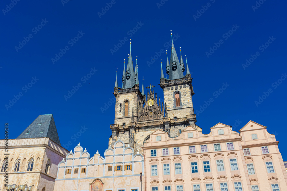 The gothic Church of Our Lady before Tyn  in Prague main square in the unesco historic center, Czech Republic