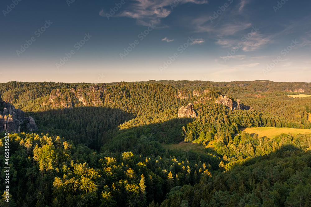 Aerial view of the forest over Saxon Switzerland National Park Germany