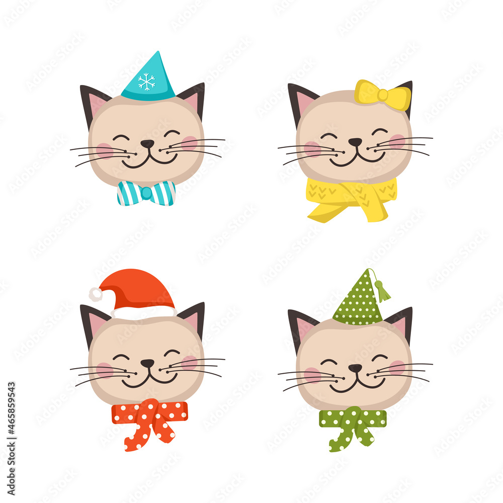 Fototapeta premium Set of cute cat in children style with festive decorations for Holiday, New Year and Christmas. Funny animals with caps and bows. Vector flat illustration