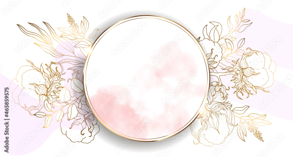 Round gold frame with cotton flowers. Beautiful illustration with watercolor stains. Abstract bright wallpaper. Template design. Botanical cotton vector illustration.