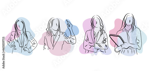 Set of Young Women at Work. Yong modern women characters set. Working, education and shopping concept.  Vector set