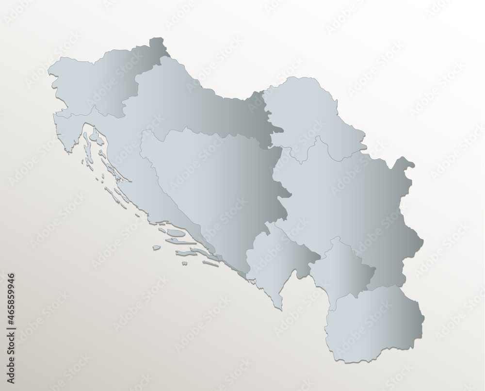 Yugoslavia map, administrative division, white blue card paper 3D blank