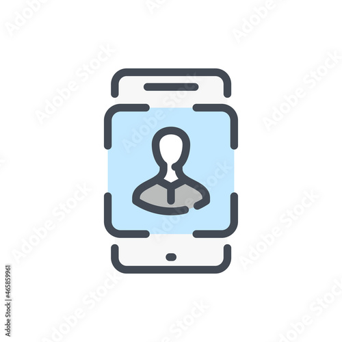 Mobile phone with face identification color line icon. Biometric scan smartphone and face scanning frame vector outline colorful sign.