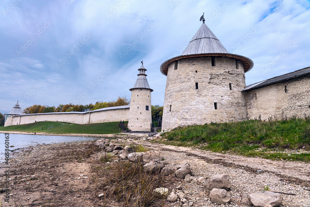 powerful watchtowers along the old fortress wall in the ancient Russian city of Pskov