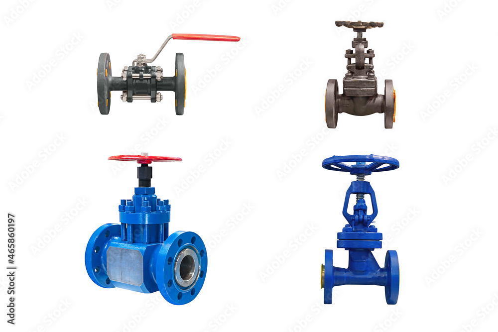 four valves of various designs with manual control for a gas pipeline on a white background four valves of various designs with manual control for a gas pipeline on a white background