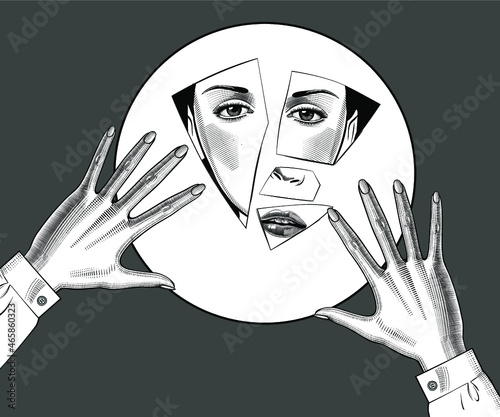 Reflection of the woman's face in the shards of the mirror. Vintage engraving stylized drawing. Vector illustration 