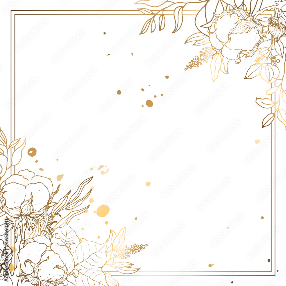 Golden square frame with cotton branches and flowers. White background. Vector illustration. Golden square frame with cotton branches and flowers. White background. Vector illustration.