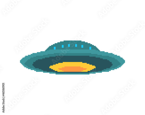 UFO pixel art. pixelated Flying Saucer isolated. 8 bit unknown flying object vector illustration