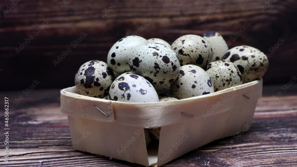 Quail Eggs On A Birch Tray For Sale On A Wooden Background. Dolly Slider Shot. Close Up. Quail Eggs On A Birch Tray For Sale On A Wooden Background. Dolly Slider Shot. Close Up.