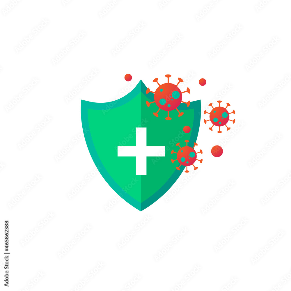 Fototapeta premium Vaccination concept. Immunization campaign. Vaccine shot. Health care and protection. Syringe with a vaccine bottle protection shield and virus. Medical treatment. Flat vector illustration.