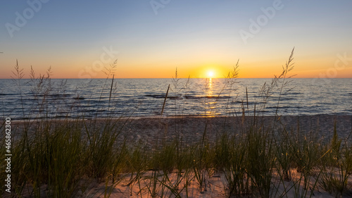Fototapeta Naklejka Na Ścianę i Meble -  Tall dune grass at lake Michigan, with sunset background over the lake.