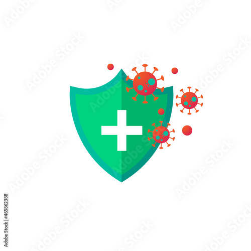 Vaccination concept. Immunization campaign. Vaccine shot. Health care and protection. Syringe with a vaccine bottle protection shield and virus. Medical treatment. Flat vector illustration.