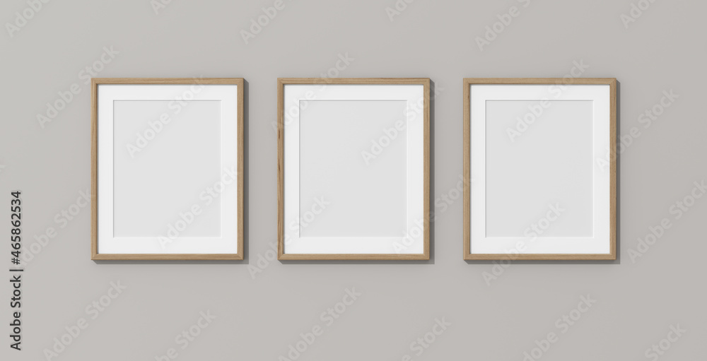 Wooden frames on grey wall. 3D render wooden frame mock up. Empty interior. 3D illustrations. 3D design interior. Template for business. Passe partout frame. Shadow on the wall. Place for your text. Wooden frames on grey wall. 3D render wooden frame mock up. Empty interior. 3D illustrations. 3D design interior. Template for business. Passe partout frame. Shadow on the wall. Place for your text.