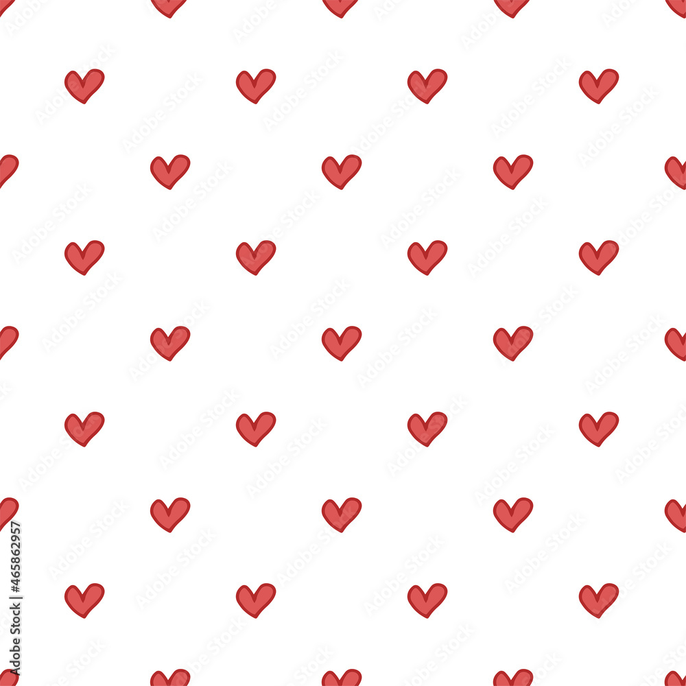 Seamless pattern. Doodle style hand drawn. Nature, animals and elements. Red hearts on a white background.