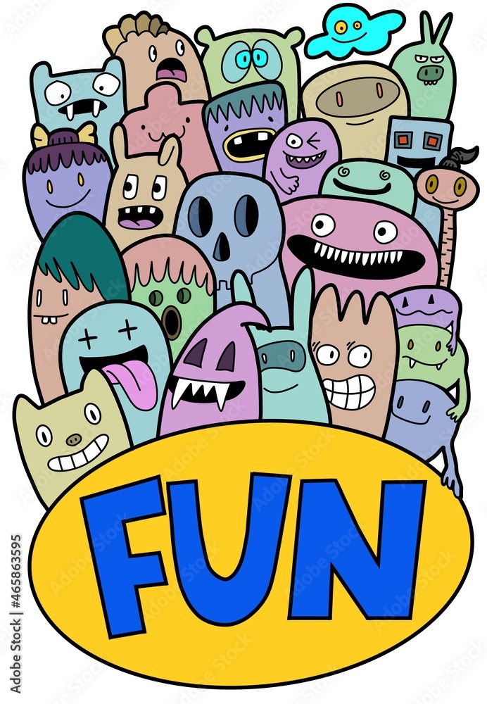 Illustration set of cartoon monsters fun group Design for print, party decoration, Cartoon Monsters collection. illustration, logo, emblem .