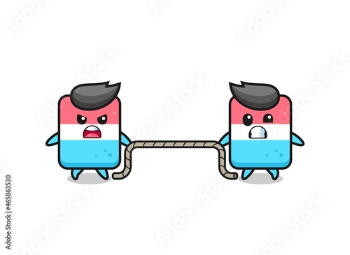cute eraser character is playing tug of war game