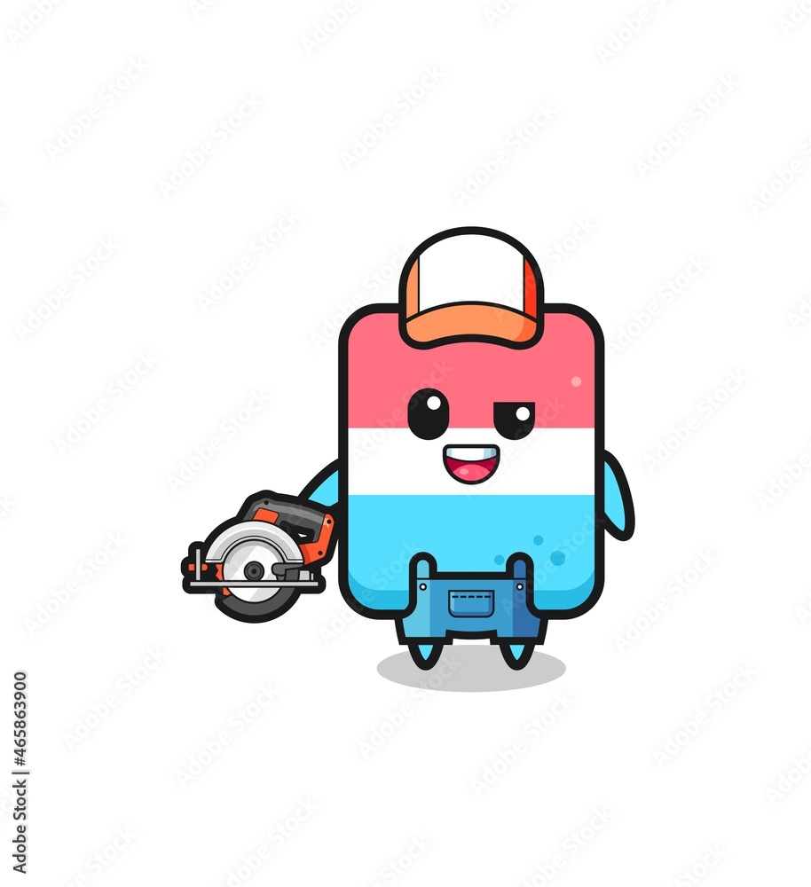 the woodworker eraser mascot holding a circular saw the woodworker eraser mascot holding a circular saw