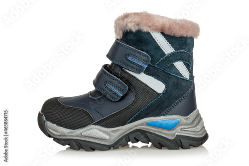 Winter warm boots with fur for children, close-up, isolated on a white background, side view