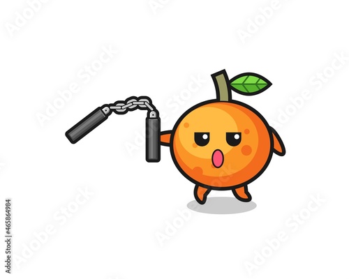 cartoon of mandarin orange using nunchaku