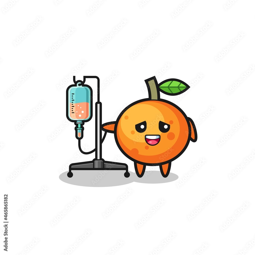 cute mandarin orange character standing with infusion pole cute mandarin orange character standing with infusion pole